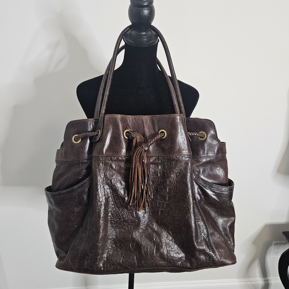 Charles David Brown Leather Croc Embossed Tassel Braided Shoulder Bag